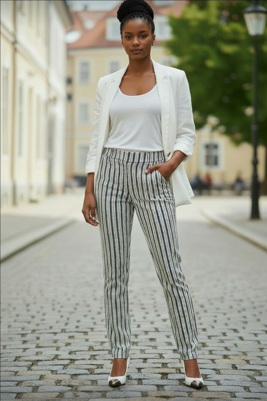 NWT Dalia Striped Dress Pants 10 Black White Vertical Stripe Slim Ankle Preppy